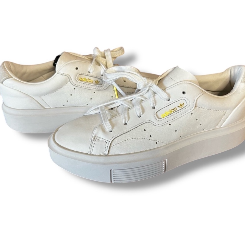 Adidas Sleek White Court Sneakers All Leather Women’s 7- fit more like 8